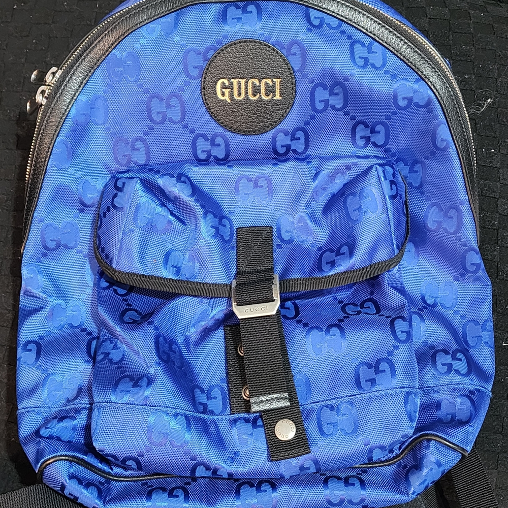 GUCCI GG Monogram OFF THE GRID Blue Nylon with Leather Trim Medium BACKPACK